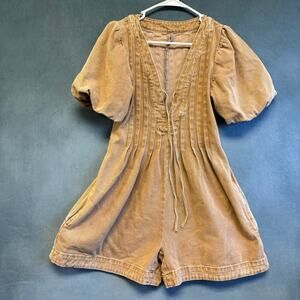 Westfäde Brown Denim Romper Puff Sleeve Pleated Cottagecore Jumpsuit
